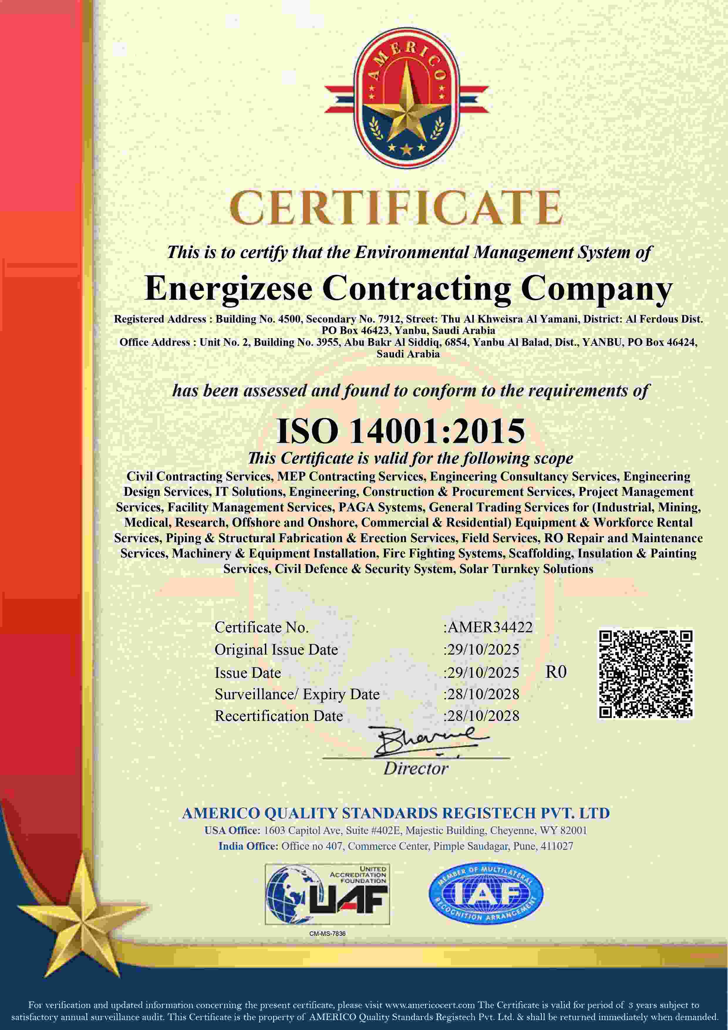 ISO 14001:2015 CERTIFICATE